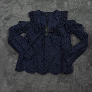 Romeo Juliet Couture Top Womens‎ Medium Navy Blue Eyelet Cold Shoulder Laser Cut